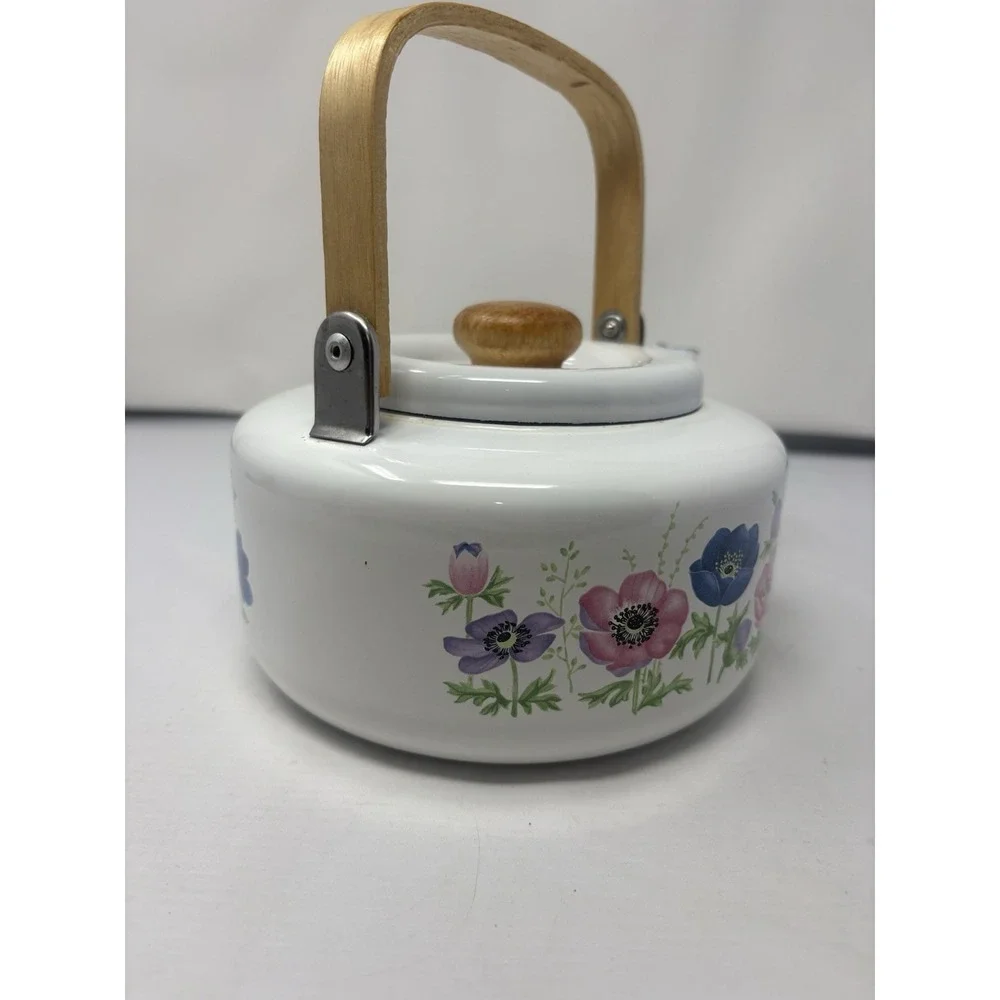 Vintage National Housewares Metal Teapot Kettle Floral Garden Bamboo 1985 Granny